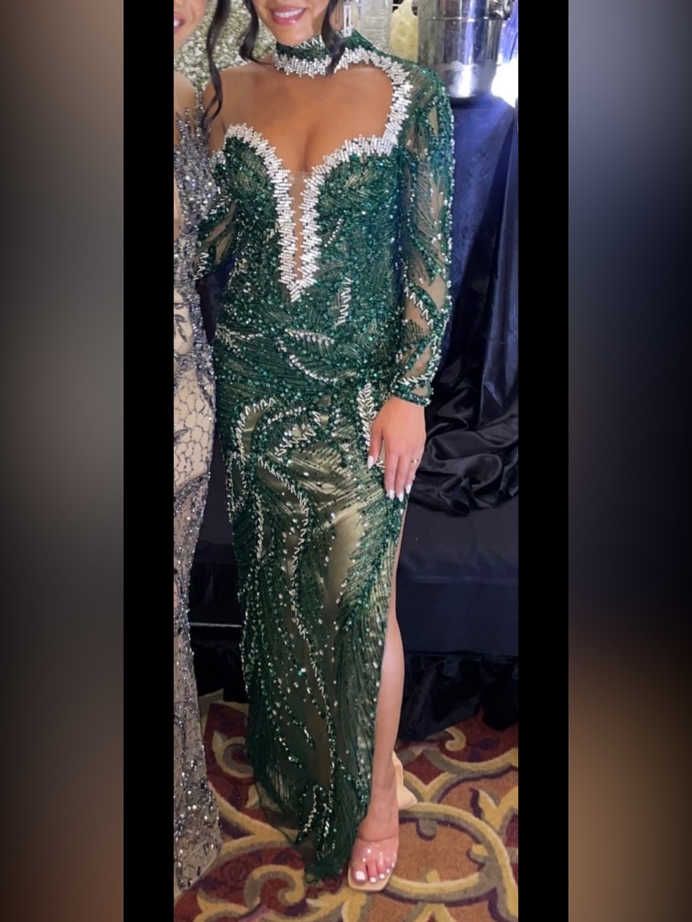 Elegant Green Beaded Evening Dress with High Neck